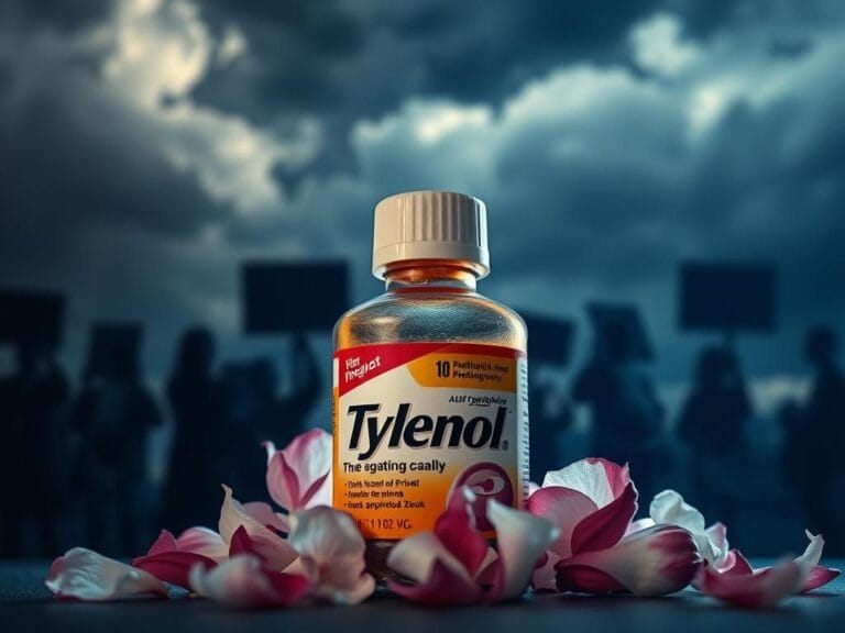 Flick International A bottle of Tylenol surrounded by wilted flower petals against a stormy sky, symbolizing unrest during pregnancy