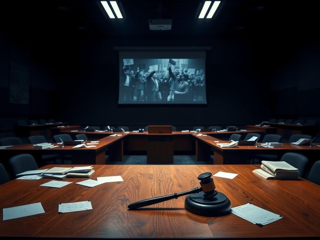 Flick International Dimly lit university lecture hall with a long wooden table, papers, and a gavel, symbolizing political activism discussions.
