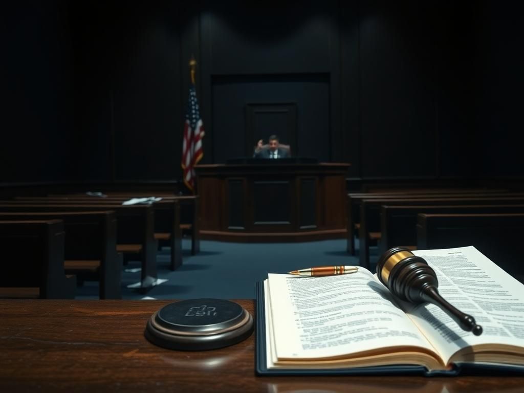 Flick International Dark courtroom interior with empty benches and a judge's desk