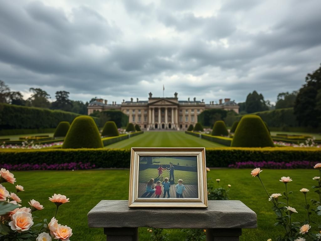 Flick International A lush, empty garden at Clarence House symbolizing royal family ties amidst a somber atmosphere.