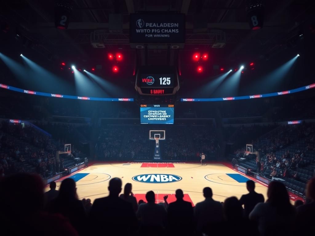 Flick International Empty basketball court illuminated spotlight with WNBA logo, reflecting tension in officiating