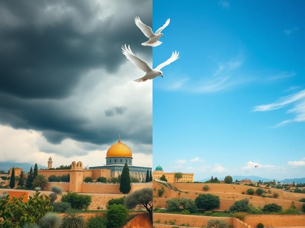 Flick International Peace dove flying over Jerusalem skyline and symbols of tranquility