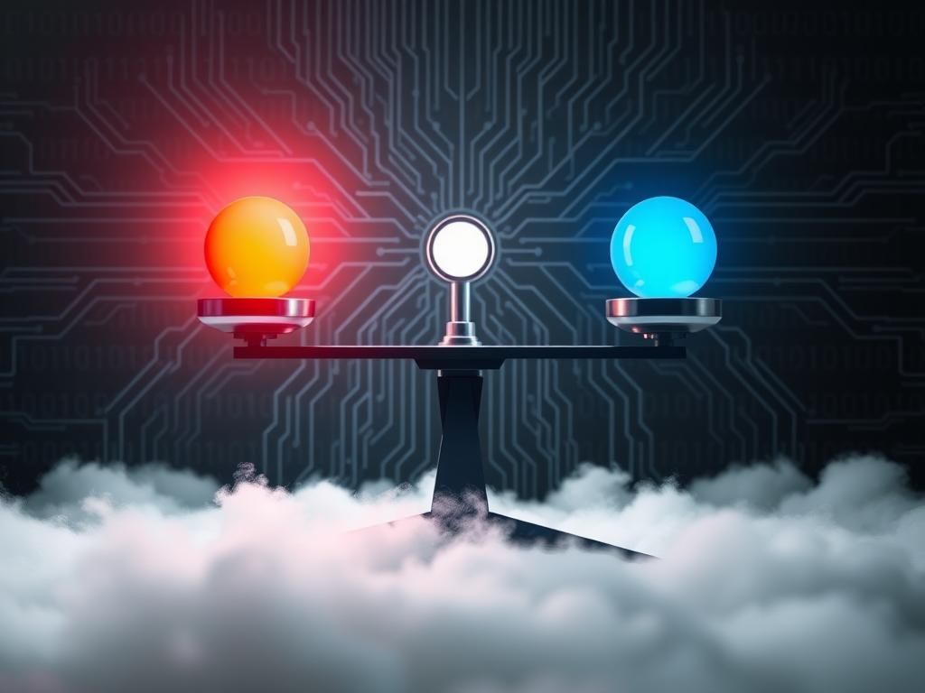 Flick International Abstract representation of neutrality and political balance in AI with a digital scale balancing red and blue light sources.