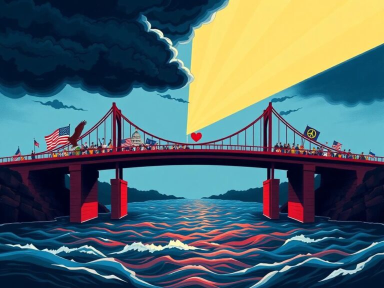 Flick International Conceptual illustration of a divided bridge symbolizing bipartisan collaboration between conservative and liberal values