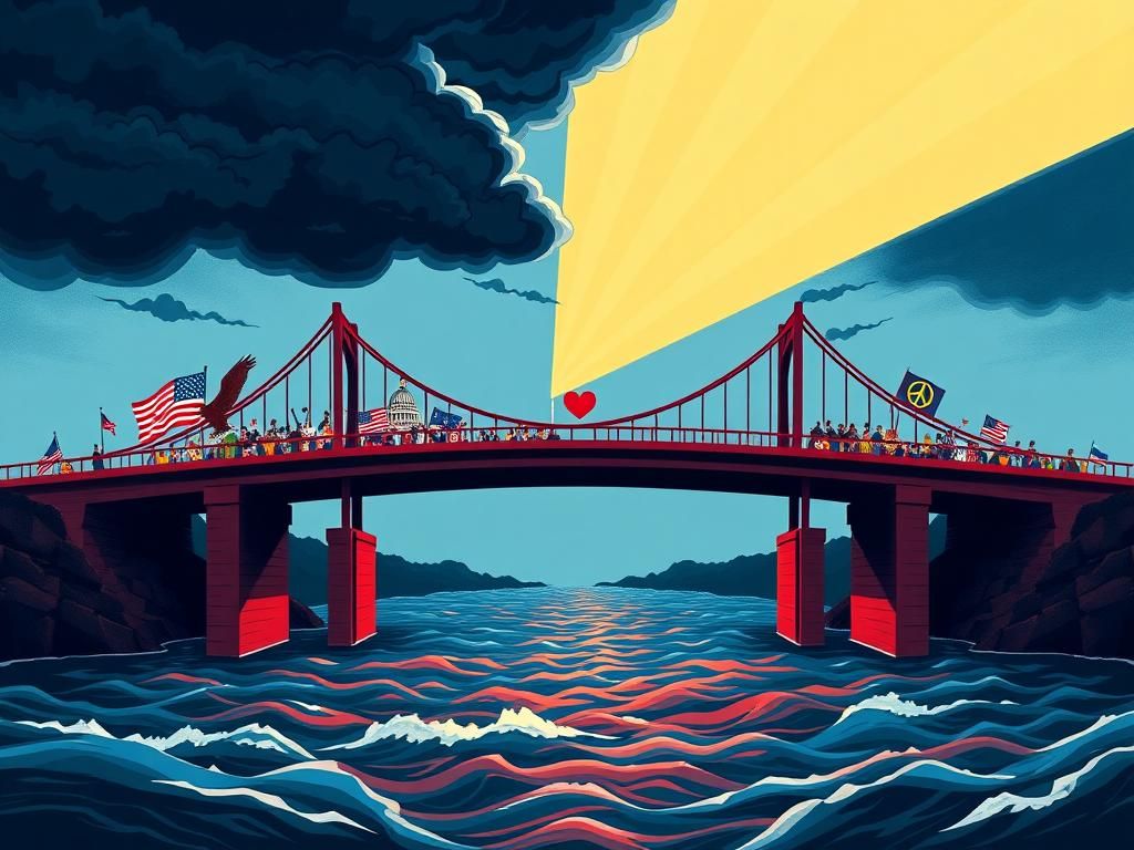 Flick International Conceptual illustration of a divided bridge symbolizing bipartisan collaboration between conservative and liberal values