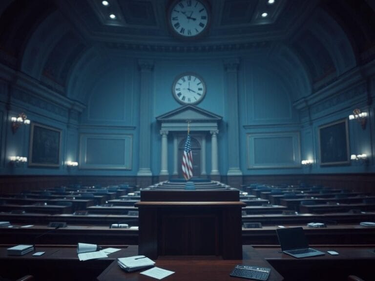 Flick International Empty House of Representatives chamber with dim lighting and shadows, reflecting government shutdown uncertainty