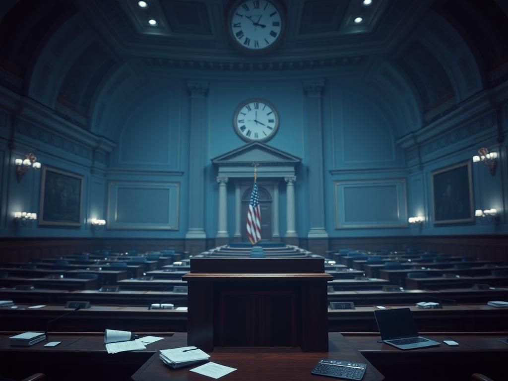 Flick International Empty House of Representatives chamber with dim lighting and shadows, reflecting government shutdown uncertainty