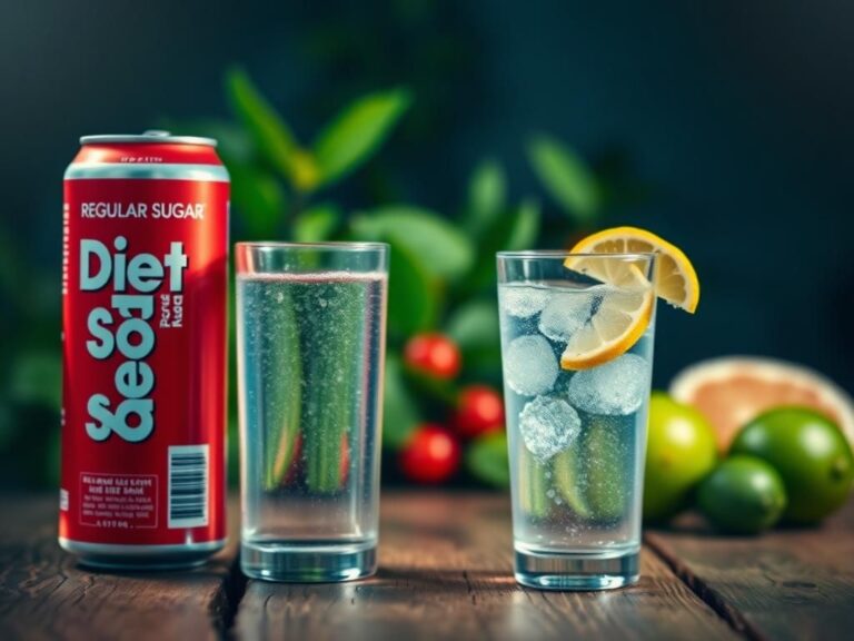 Flick International Close-up of a diet soda can and a regular soda can on a wooden table, with sparkling water and lemon in the foreground