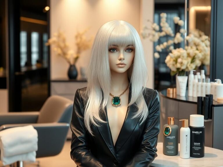 Flick International Chic salon interior showcasing a platinum blonde bob wig and high-end hair products