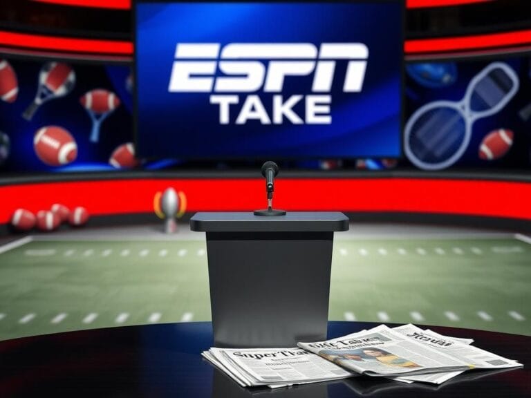 Flick International A dramatic sports studio setting featuring a podium, microphone, and blurred sports memorabilia