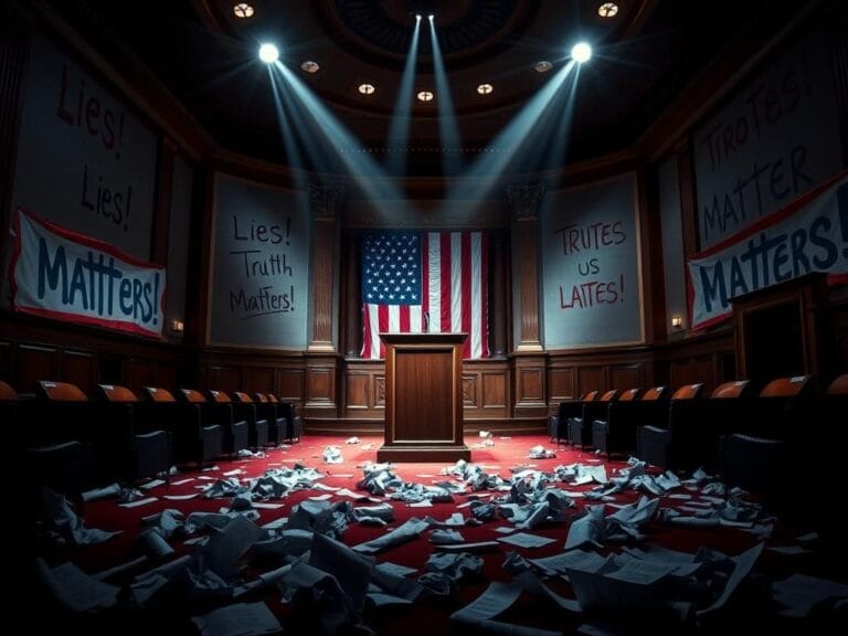 Flick International A dimly-lit Senate chamber with podium and American flag, highlighting political tension