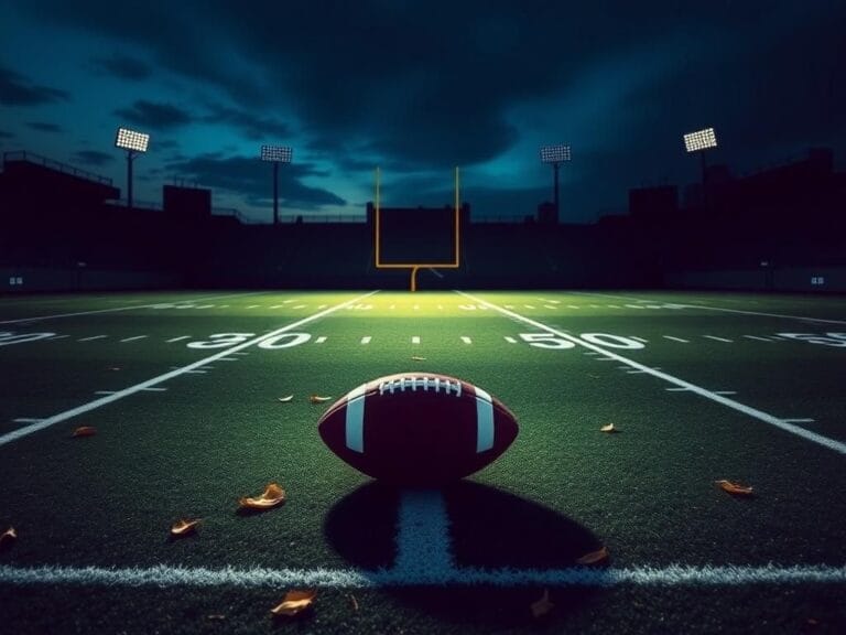 Flick International An empty football field at dusk with a spotlight on a lone football at the 50-yard line