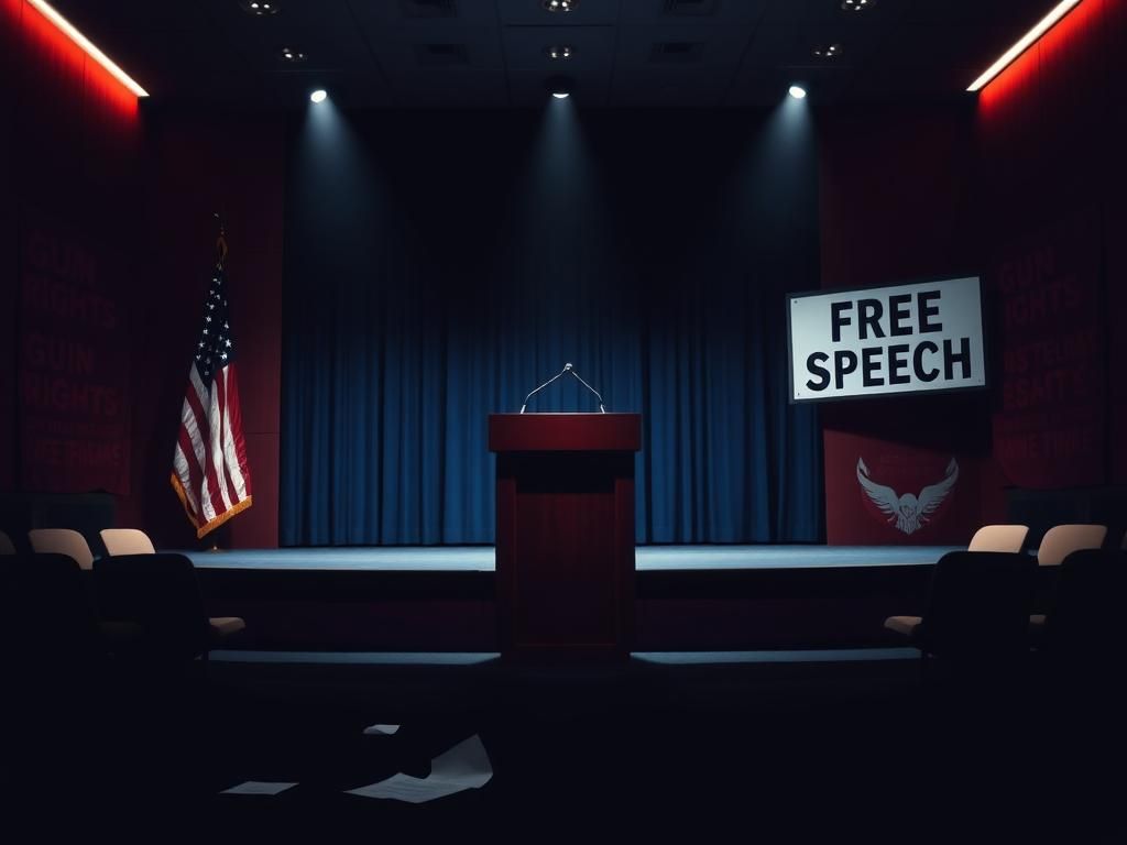Flick International Empty podium with microphone in a university auditorium surrounded by gun rights slogans