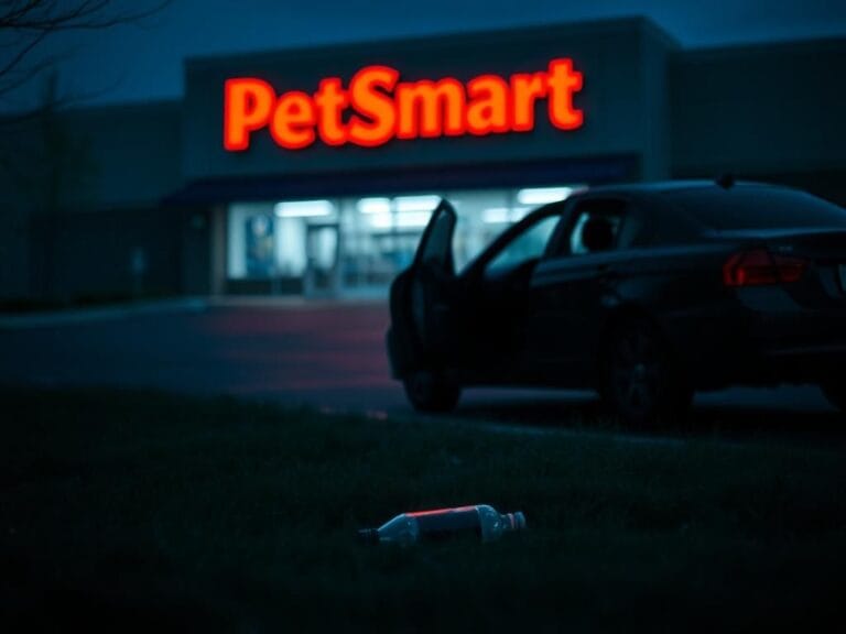 Flick International A dimly lit PetSmart parking lot at dusk with an empty car and door ajar