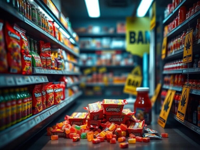 Flick International Brightly colored THC gummies and beverages on a retail shelf, partially emptied with warning signs