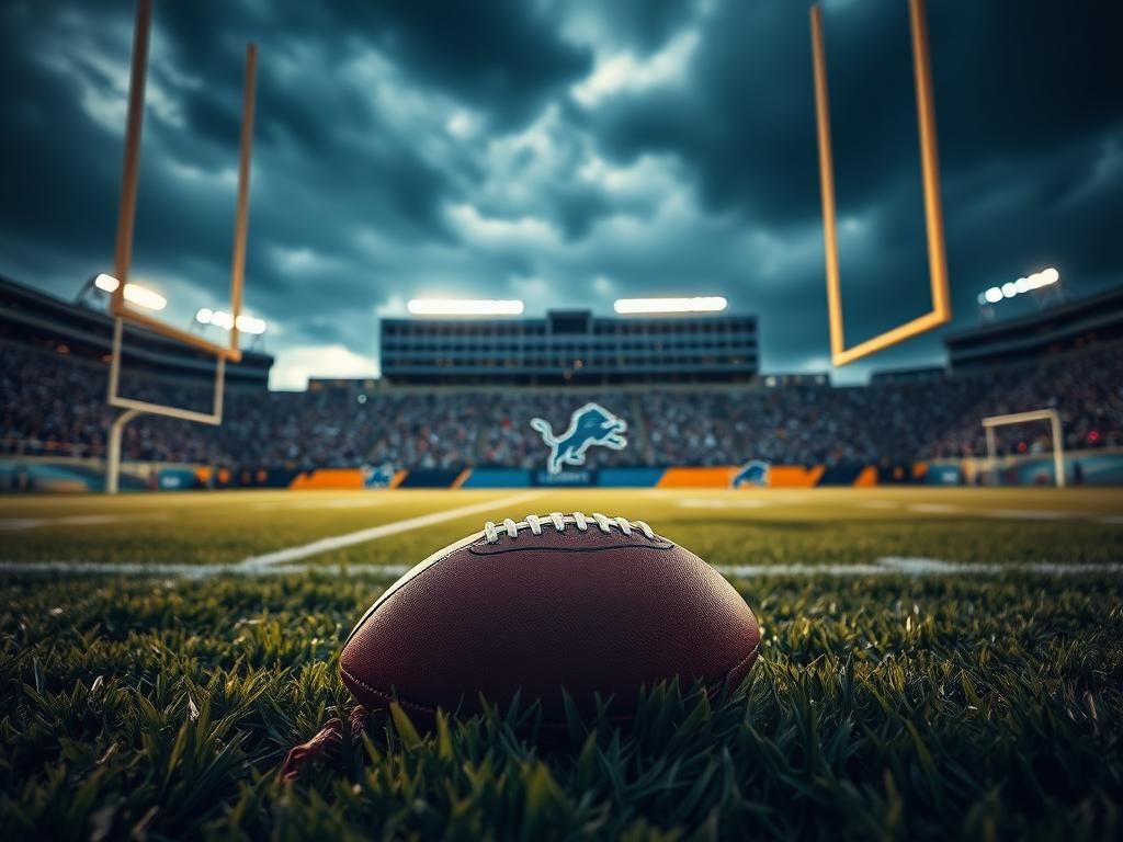 Flick International A dramatic low-angle view of a football field with a Lions logo and a football on the grass.