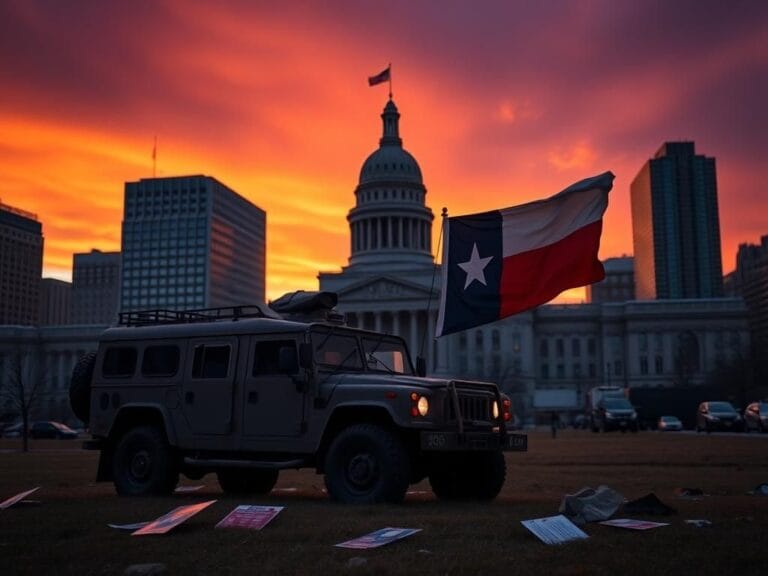 Flick International Texas National Guard vehicle in front of a government building in Chicago at sunset
