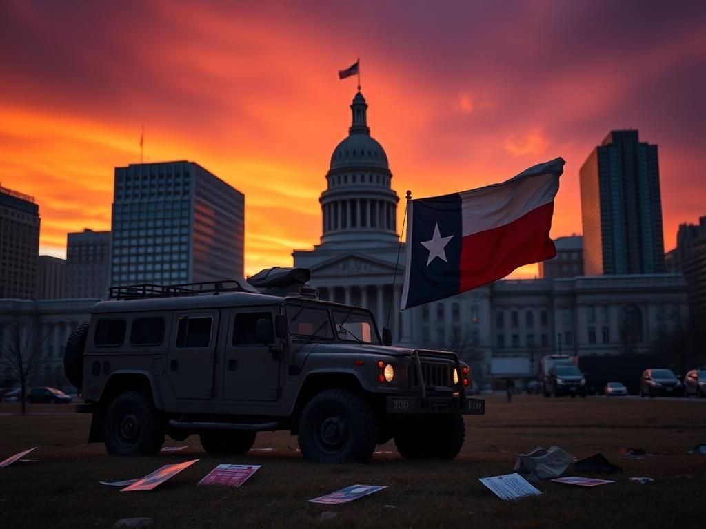 Flick International Texas National Guard vehicle in front of a government building in Chicago at sunset