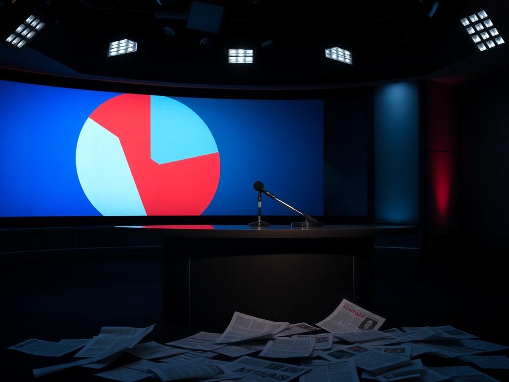 Flick International Dimly lit late-night television studio with an empty host's desk and microphone, symbolizing media scrutiny.