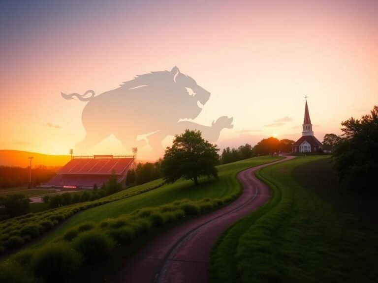 Flick International Serene Arkansas landscape at dawn with Razorback Stadium in the foreground and a winding path symbolizing Coach Cal's journey.