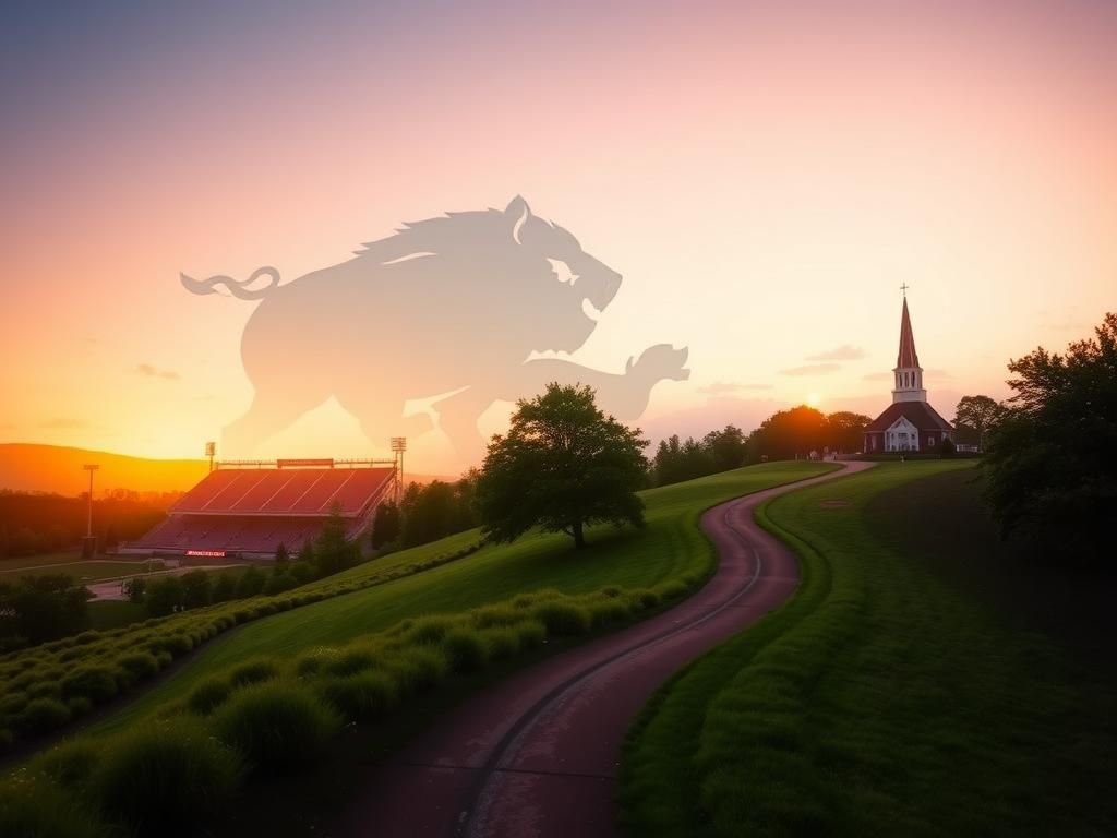 Flick International Serene Arkansas landscape at dawn with Razorback Stadium in the foreground and a winding path symbolizing Coach Cal's journey.