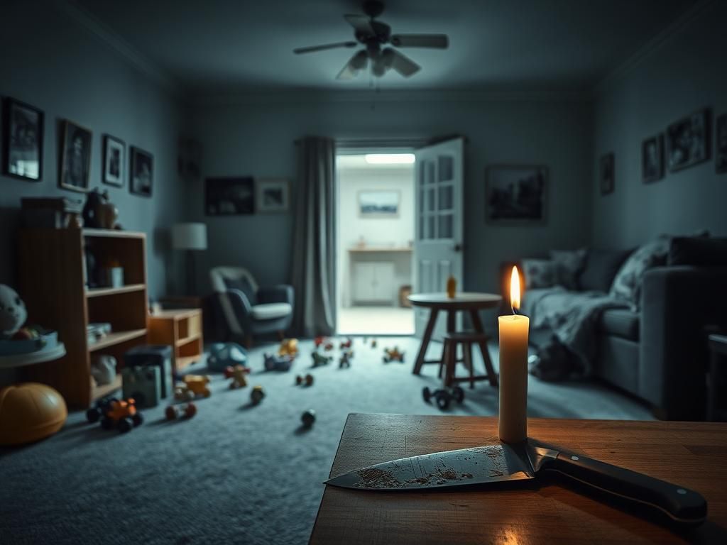 Flick International Dimly lit suburban living room with an empty children's play area, evoking sadness and loss.