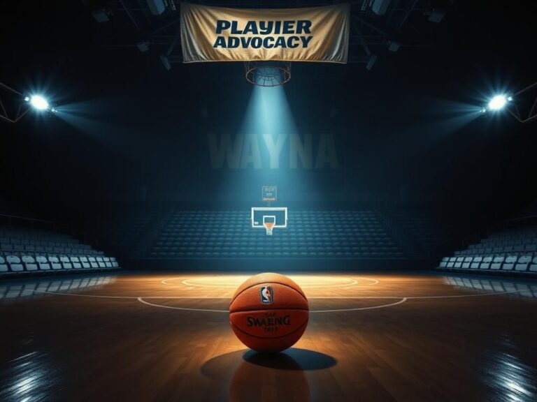 Flick International Darkened basketball court with a spotlight on a WNBA basketball, symbolizing player advocacy