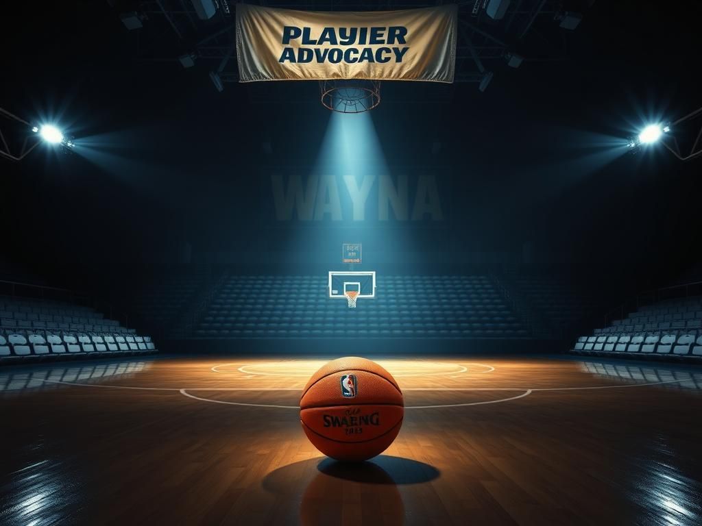 Flick International Darkened basketball court with a spotlight on a WNBA basketball, symbolizing player advocacy