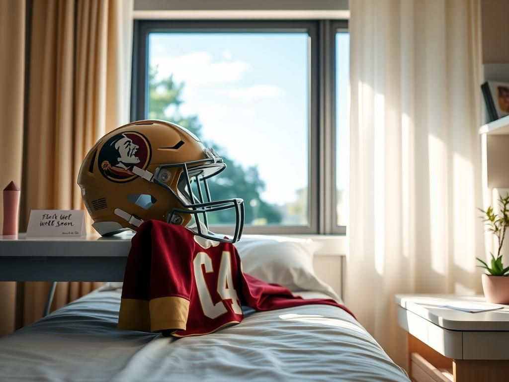 Flick International A serene hospital room with an empty hospital bed and a Florida State Seminoles football helmet