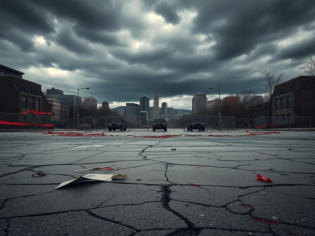 Flick International Empty urban landscape in Portland reflecting remnants of protests with cracked pavement and scattered debris