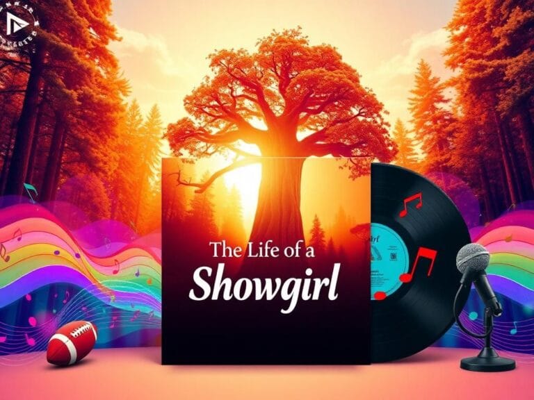 Flick International Abstract representation of an open vinyl album cover for Taylor Swift's 'The Life of a Showgirl', surrounded by colorful sound waves.