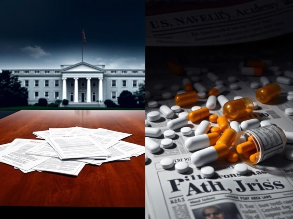 Flick International A split image showing the U.S. Naval Academy and a chaotic pharmaceutical scene representing controversy in the NJ governor's race