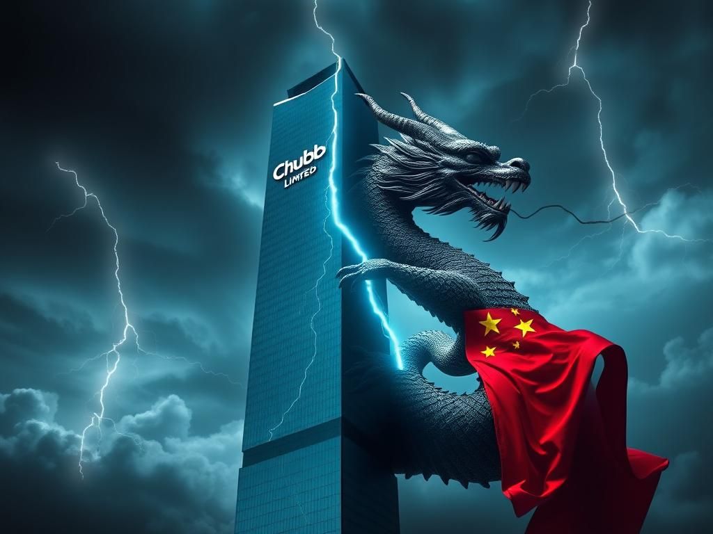Flick International Split image showing a towering skyscraper with the Chubb Limited logo on one side and a shadowy Chinese dragon on the other, depicting corporate ties with China.