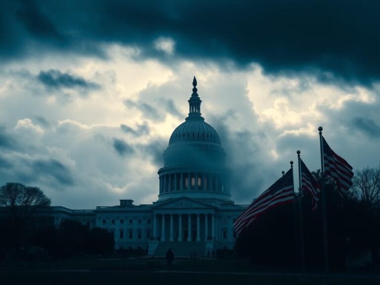 Flick International U.S. Capitol building under dark storm clouds symbolizing political turmoil