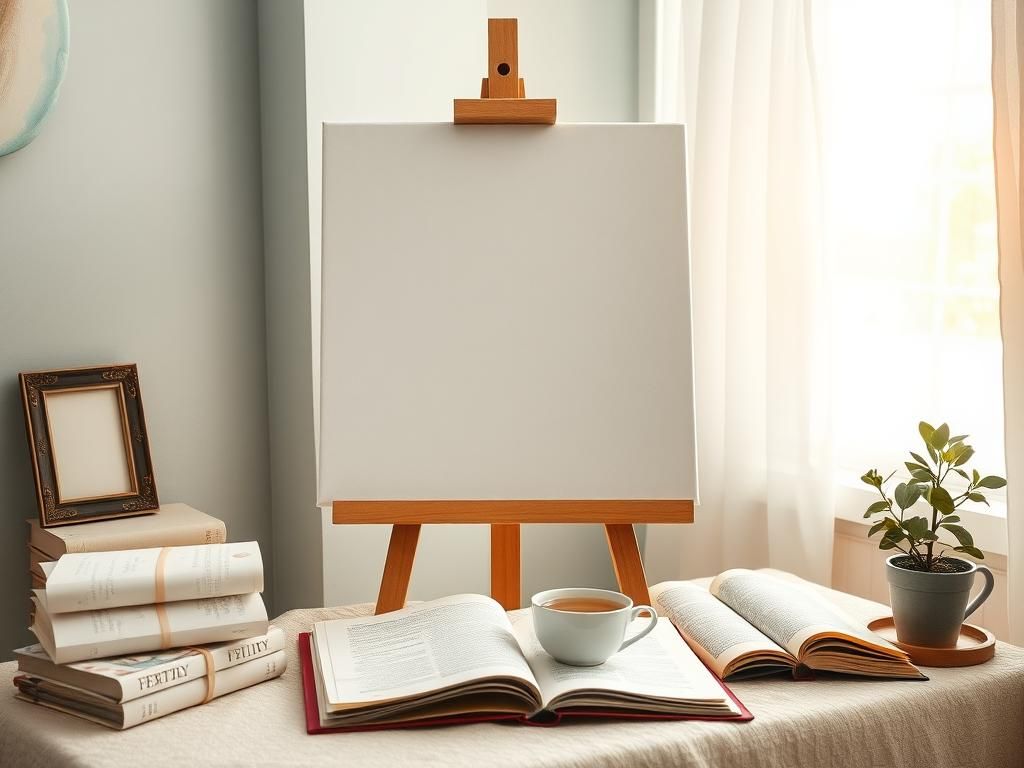 Flick International A serene artist's workspace featuring a blank canvas, letters, books on self-discovery, and a steaming cup of tea.