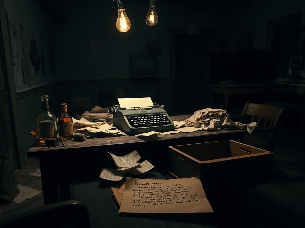 Flick International A rustic wooden desk with crumpled papers and an old typewriter symbolizing Hunter S. Thompson's chaotic genius