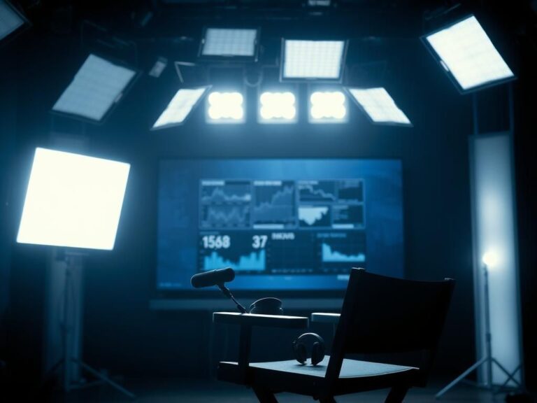 Flick International Dimly lit TV studio with harsh bright studio lights and an empty director's chair