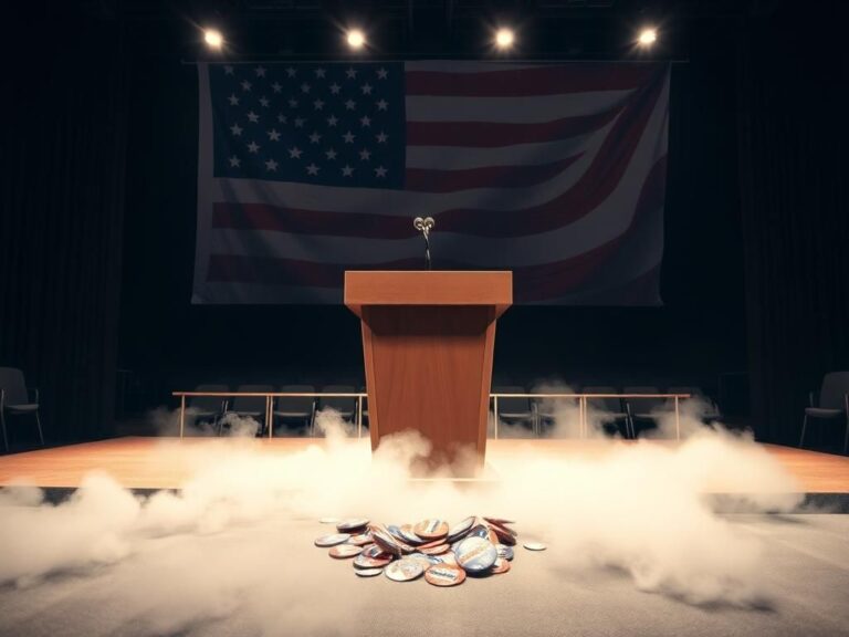 Flick International A dramatic empty podium illuminated by soft spotlighting at a political event