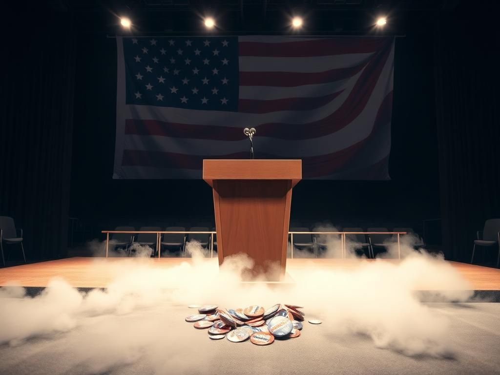 Flick International A dramatic empty podium illuminated by soft spotlighting at a political event