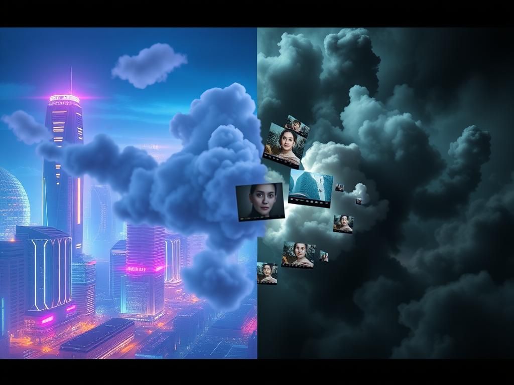 Flick International A split scene depicting vibrant cityscape with futuristic buildings and a dark, ominous atmosphere illustrating video generation and deepfake technology.