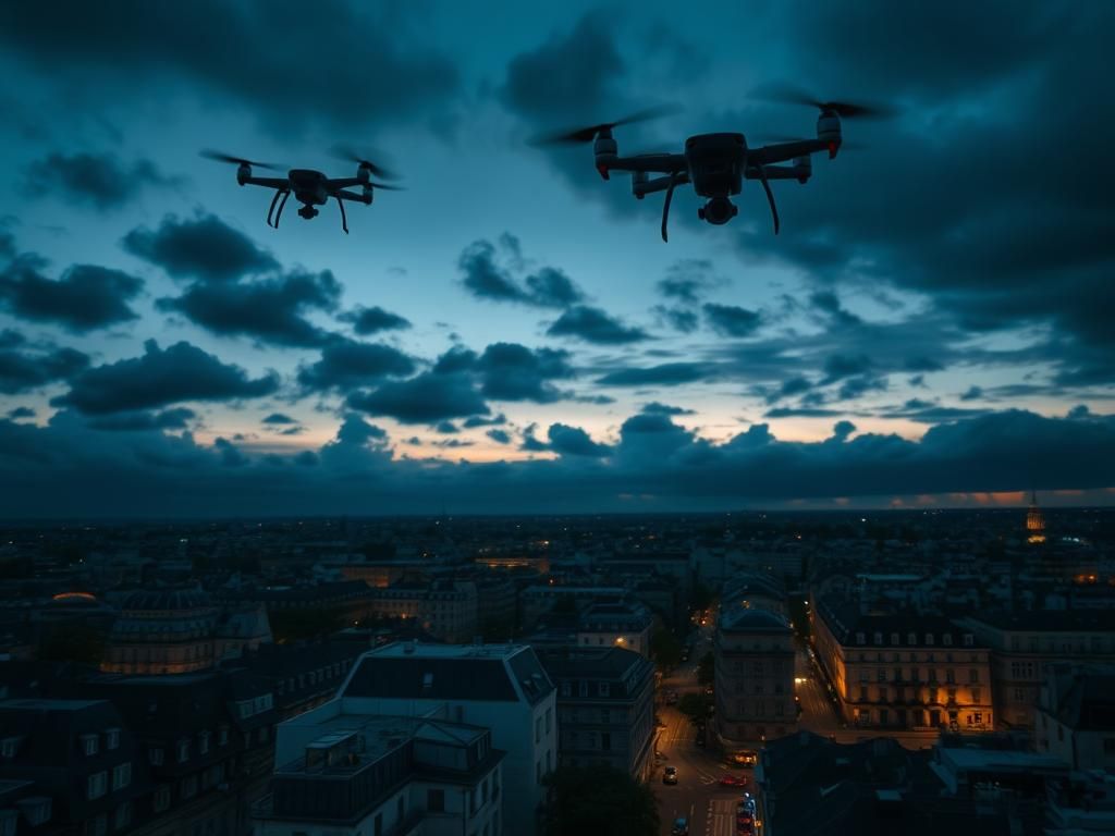 Flick International Aerial view of a European city with police drones in the foreground under a moody sky