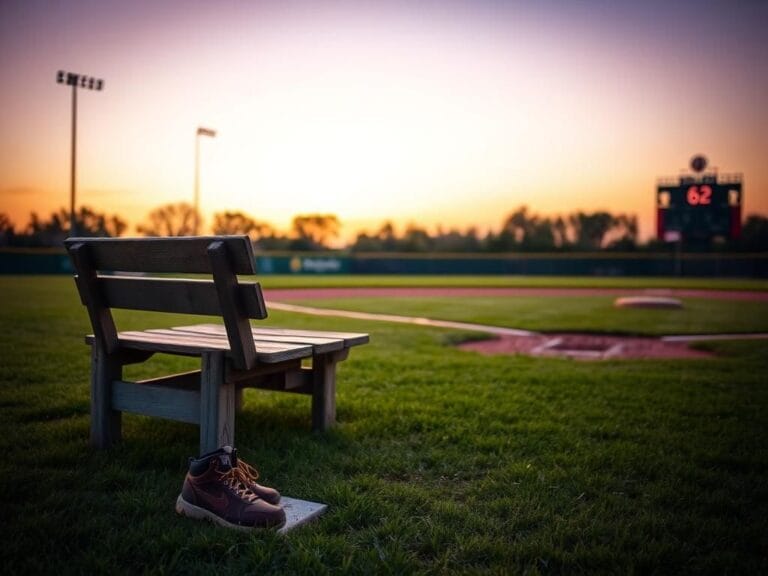 Flick International A serene baseball field at dusk with a weathered wooden bench and old baseball cleats, symbolizing nostalgia and tribute to Mike Greenwell