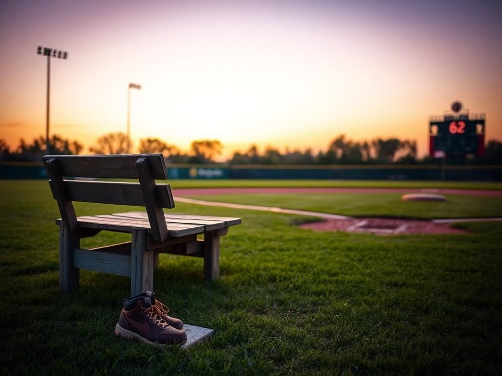 Flick International A serene baseball field at dusk with a weathered wooden bench and old baseball cleats, symbolizing nostalgia and tribute to Mike Greenwell