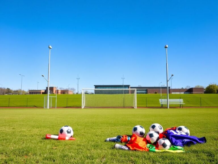 Flick International A vibrant high school soccer field with colorful sports equipment scattered on the grass under a clear blue sky