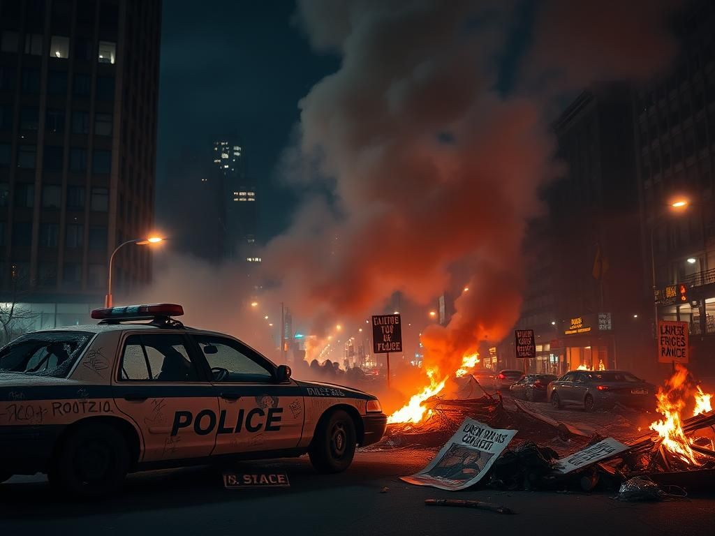 Flick International Chaotic scene of a pro-Palestinian riot with smoke and vandalized police vehicle