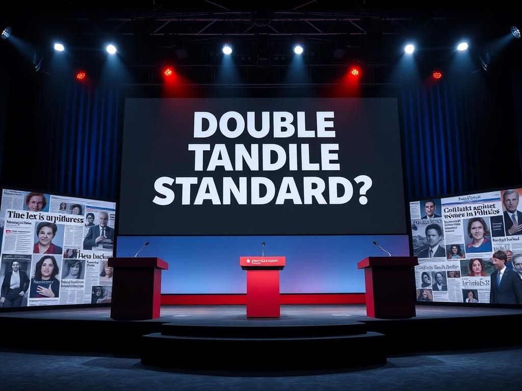 Flick International Political debate stage with 'Double Standard?' backdrop under moody lighting