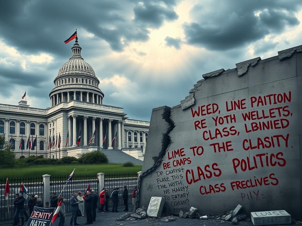 Flick International A political landscape contrasting identity politics and class issues, featuring a grand government building and a crumbling wall.