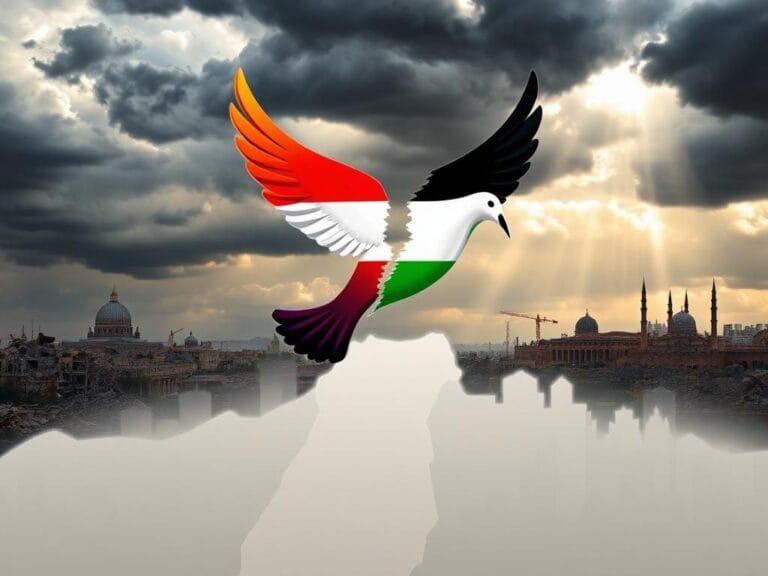 Flick International Conceptual illustration of a broken peace dove symbolizing hope amidst urban ruins representing Gaza