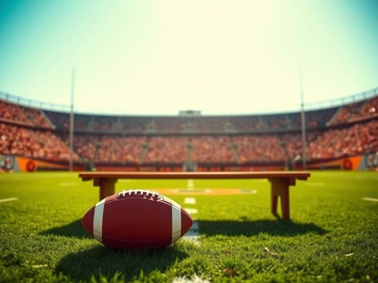 Flick International A football on a wooden bench in a vibrant stadium setting with the Cleveland Browns logo