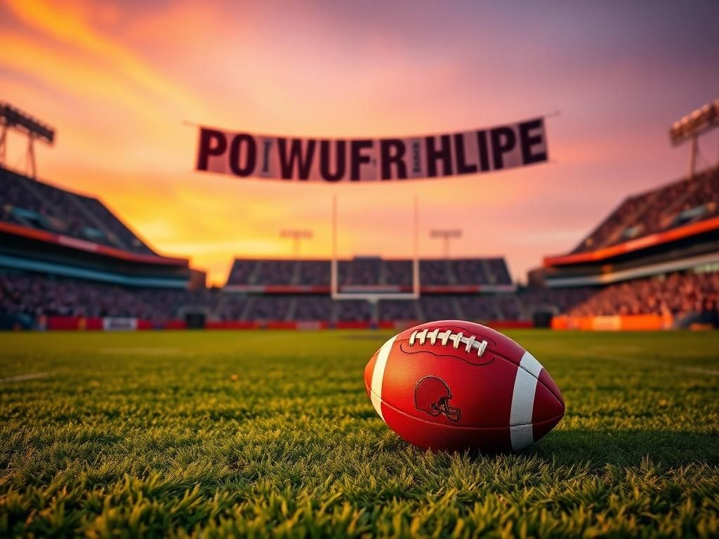 Flick International A dynamic Cleveland Browns football field during sunset showcasing a football on manicured grass with the Browns logo and positive banners in the background.